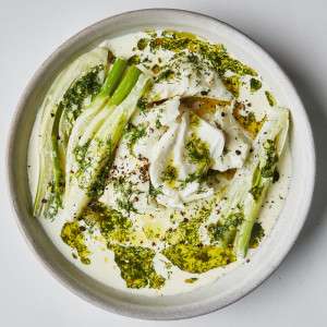Slow-cooked halibut with garlic cream and fennel