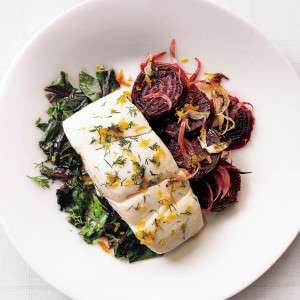 Halibut with roasted beets, beet greens and dill-orange gremolata