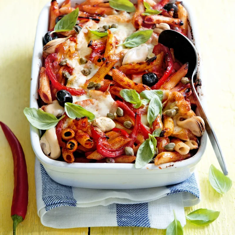 Spicy pasta with mussels from the oven