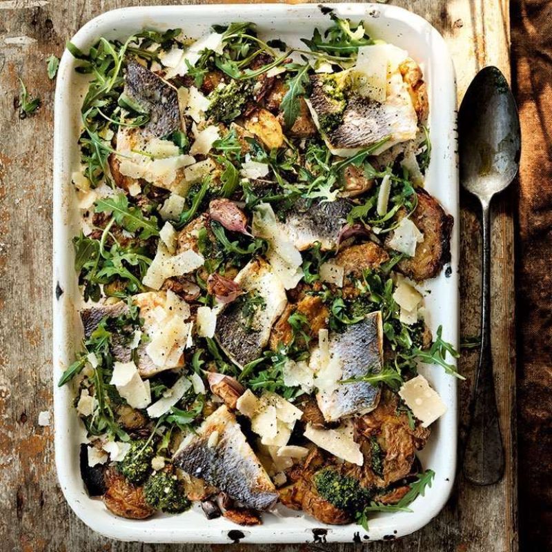 Roast sea bass and potato traybake