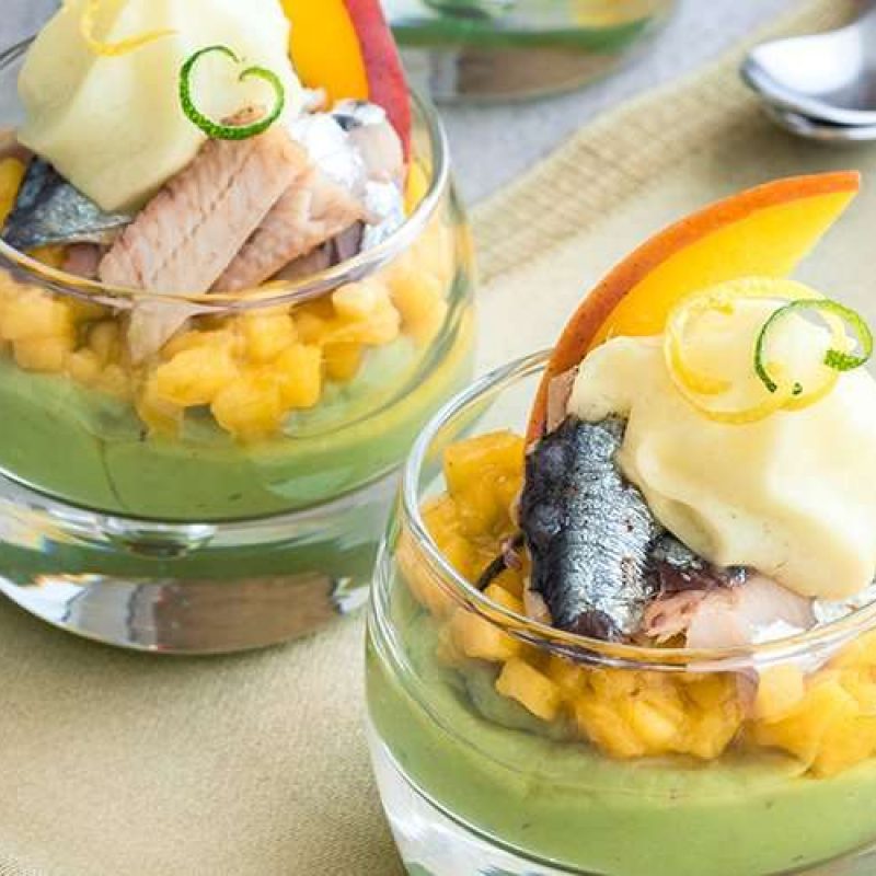 Sardine, avocado, mango and citrus espuma verrine