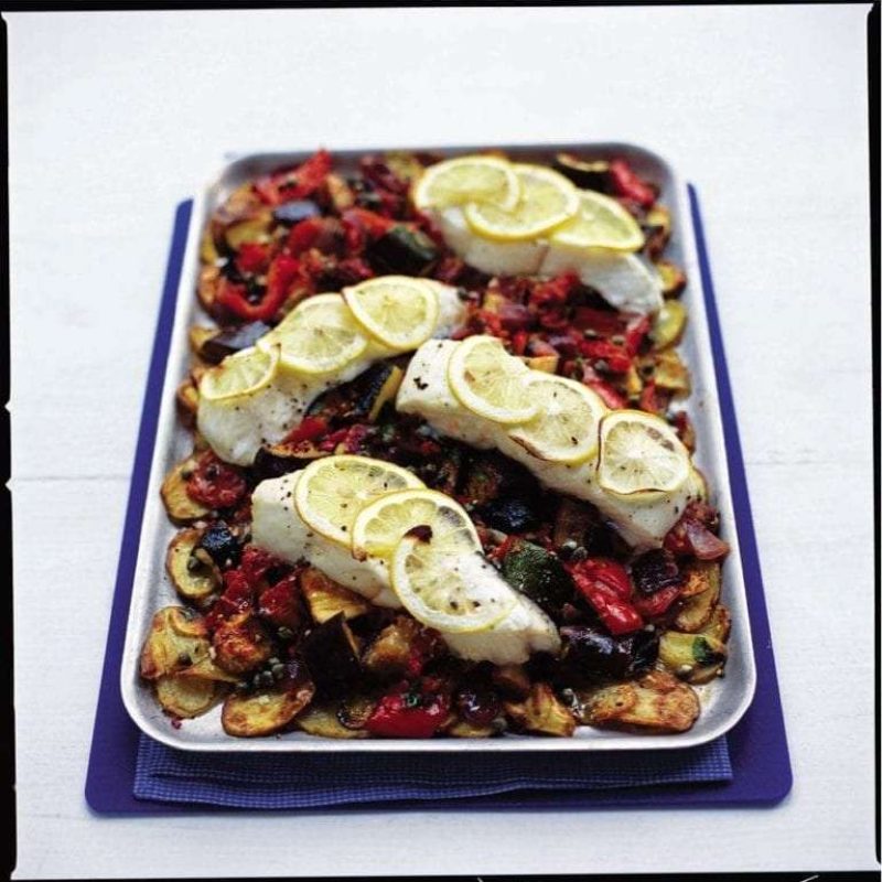 Halibut, ratatouille and new potato tray bake