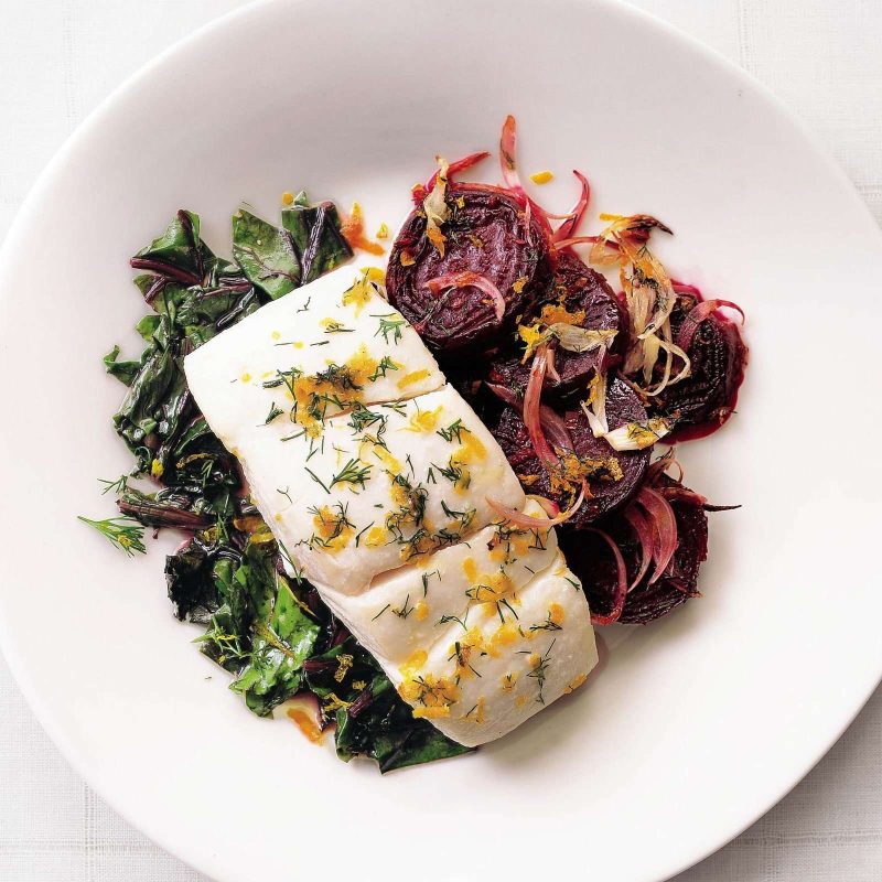 Halibut with roasted beets, beet greens and dill-orange gremolata