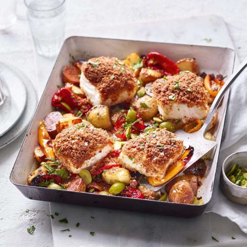 Chorizo-crumbed cod, pepper and olive traybake