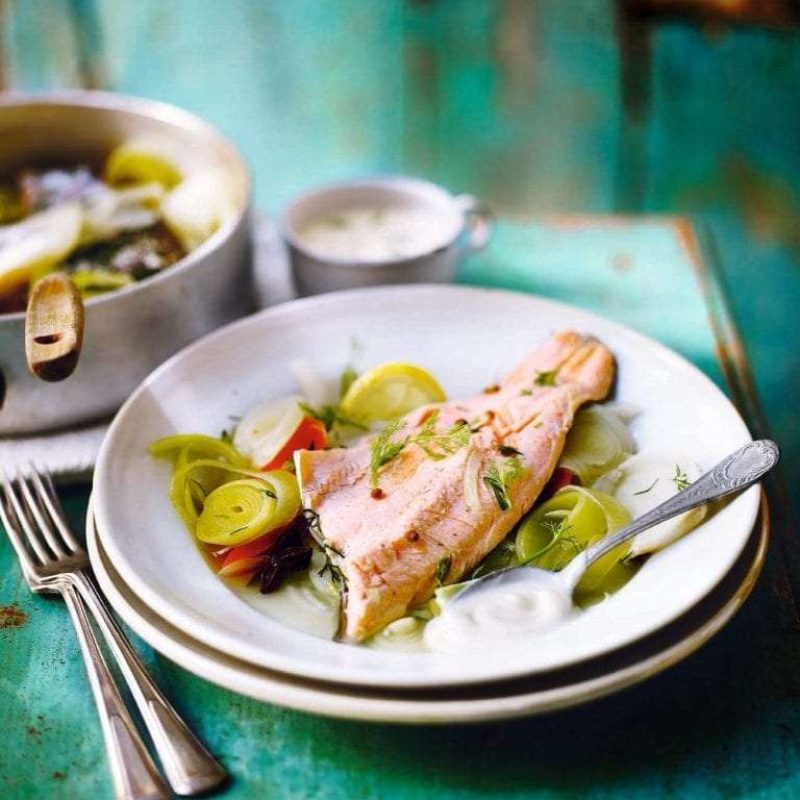 Steamed Trout with vegetables poached in white wine