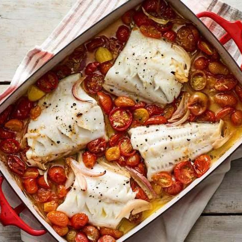 One pan roasted Cod fillet with cherry tomatoes