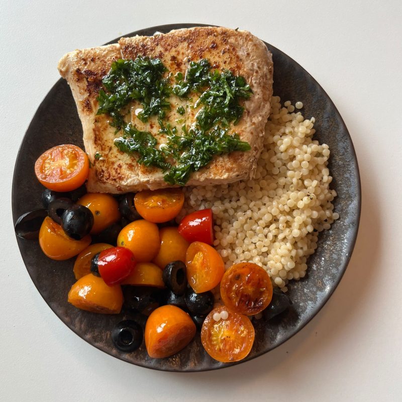 Morrocan Halibut with Pearl couscous