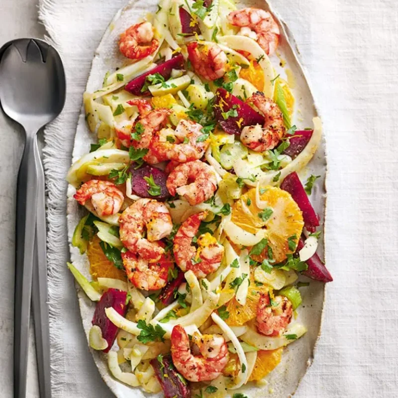 Fennel, Beetroot and Orange salad with griddled prawns