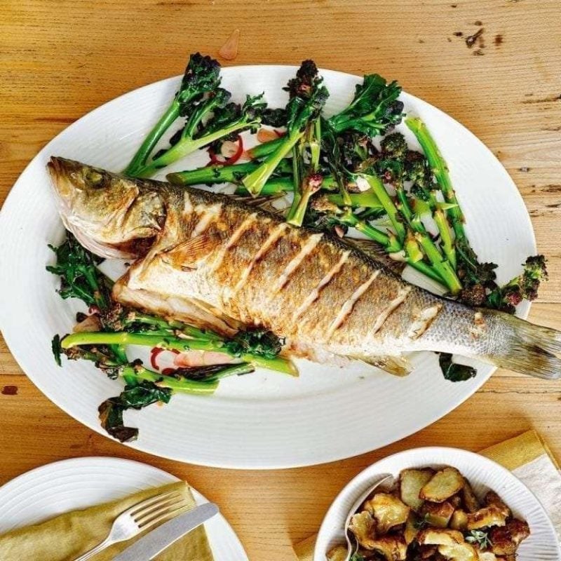 Whole Sea Bass with Broccolini