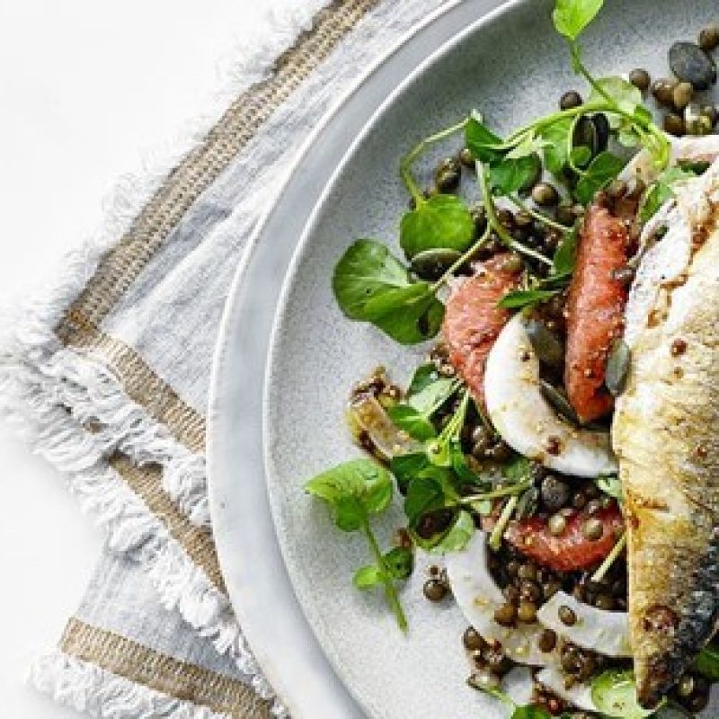 Grilled Mackerel on top of a grapefruit-fennel salad