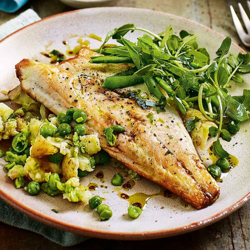 Sea Bass fillet with Pea and Potato Salad