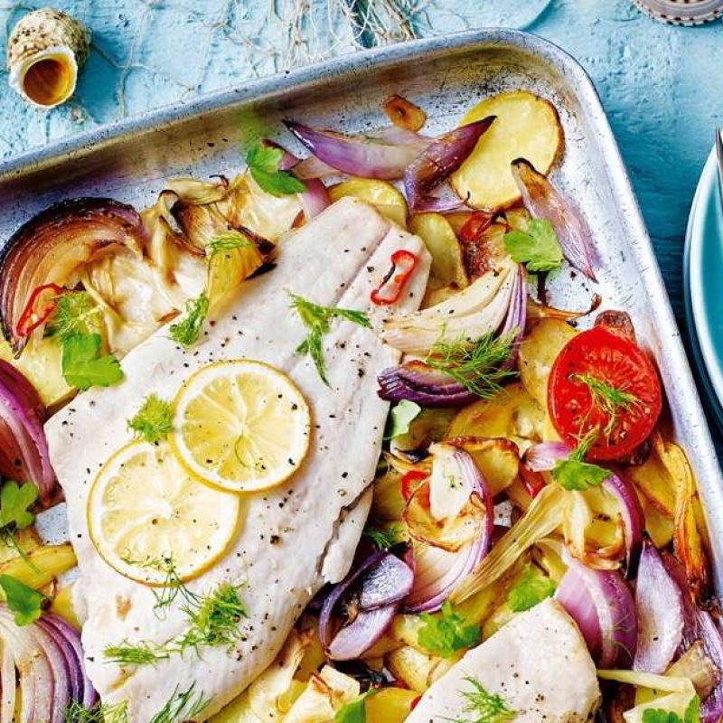 Oven backed plaice fillet with vegetables