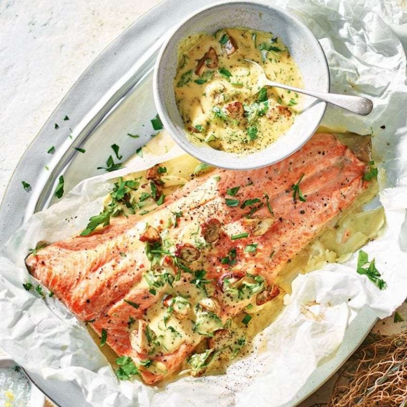 Baked Salmon Trout with Hollandaise and Potatoes